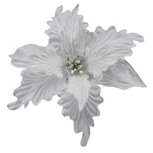 Load image into Gallery viewer, White Poinsettia Pick w Silver Center
