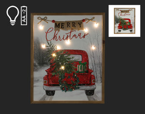 Merry Christmas Red Truck Lit Canvas Picture
