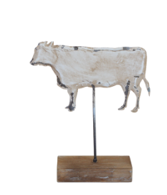 Distressed White Tin Cow on Stand