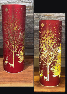 Lit Red Glass Vase With Reindeer Design
