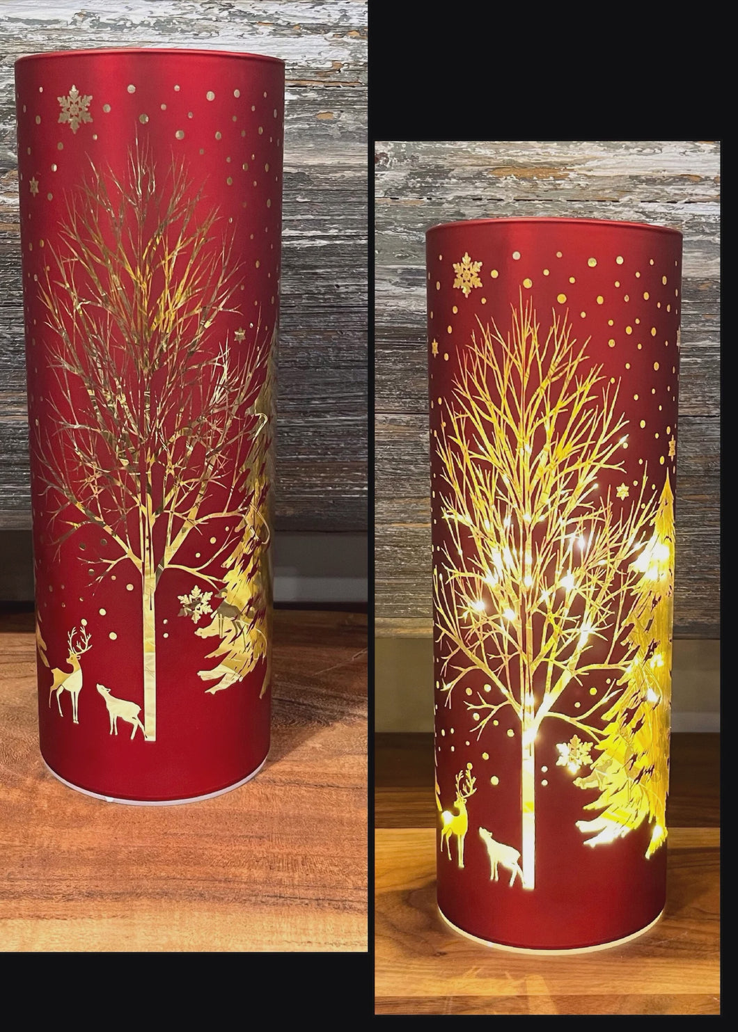 Lit Red Glass Vase With Reindeer Design