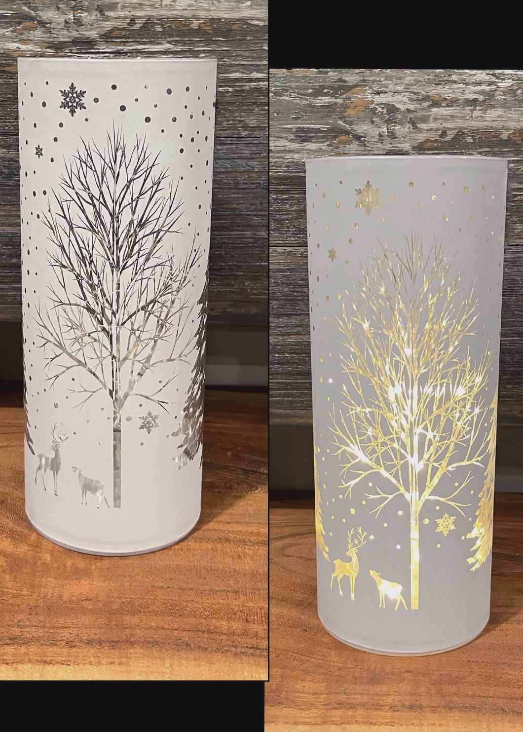 Lit White Glass Vase With Reindeer Design