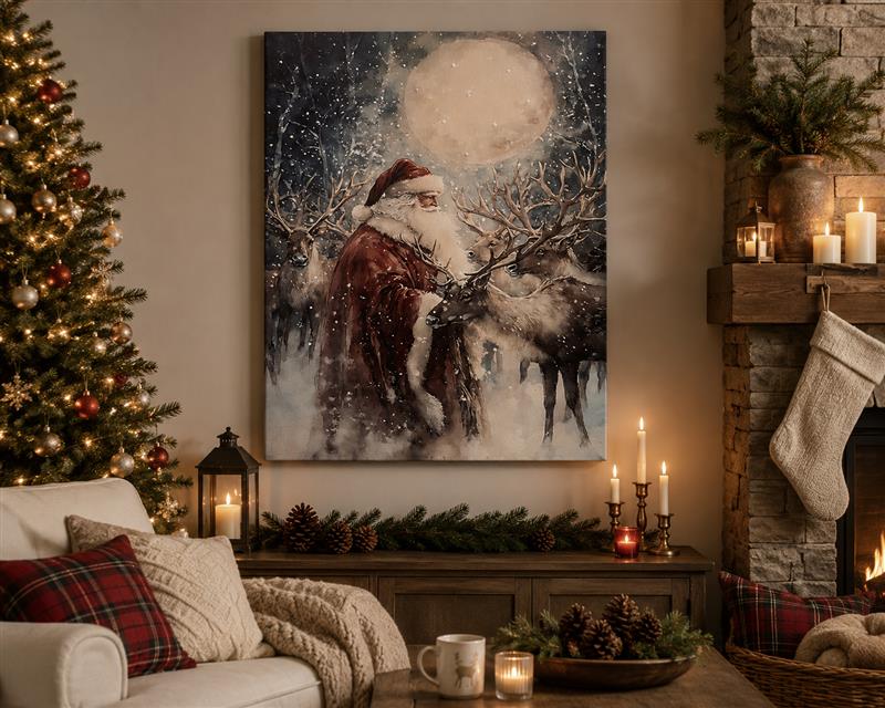 Vintage Santa & Reindeer Lit Picture