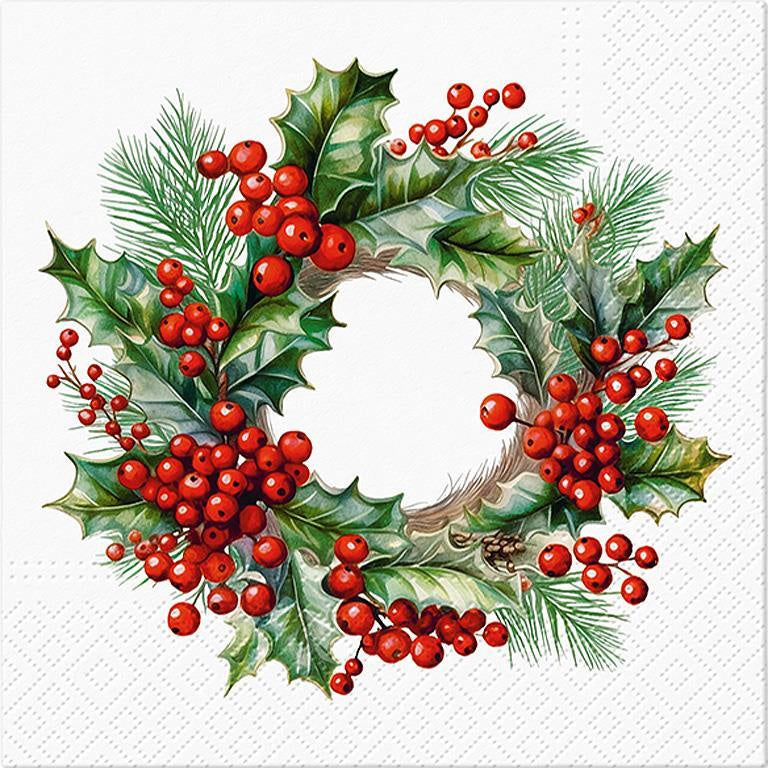 Holly Berry Wreath Luncheon Napkins