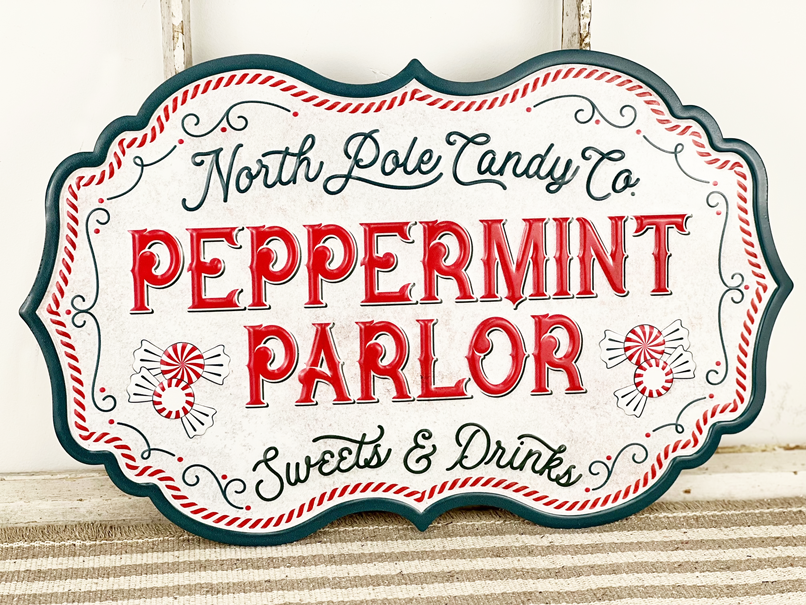 Vintage Metal Peppermint Parlor Sign – Glendas Christmas Cottage
