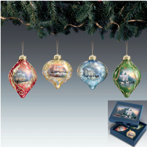 Thomas Kinkade Light Up the Season Luminary Glass Ornament Box Set
