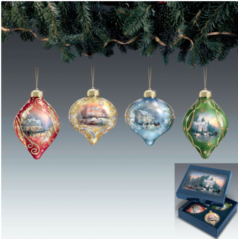 Thomas Kinkade Light Up the Season Luminary Glass Ornament Box Set