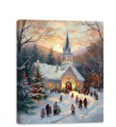 Christmas Eve at the Village Church Lit Canvas Picture