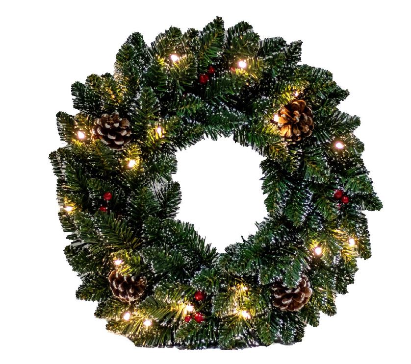 Lit Pine Wreath with Berries