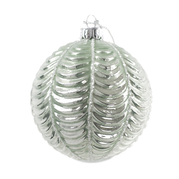 Scalloped Green & Silver Glass Ball Ornament