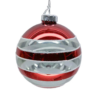 Red & Silver Striped Glass Ball Ornament