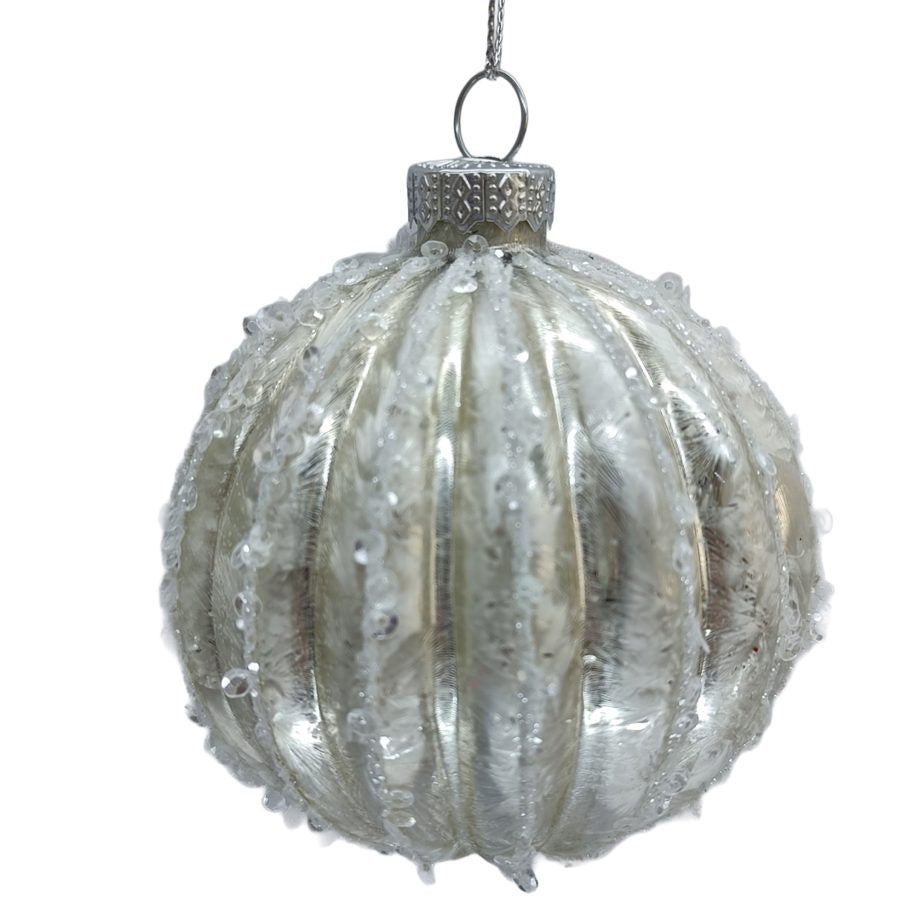 Frosted Silver Ribbed Glass Ball Ornament