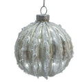 Frosted Silver Ribbed Glass Ball Ornament