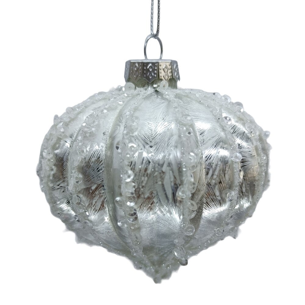 Frosted Silver Ribbed Glass Ball Ornament