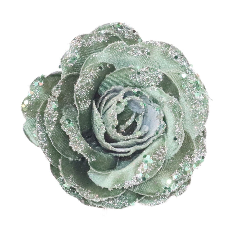 Sage Rose Head Velvet Clip