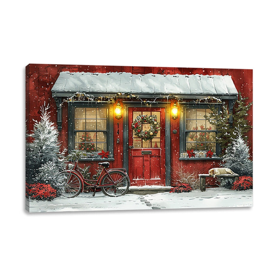 Cozy Christmas Cottage Lit Canvas Picture