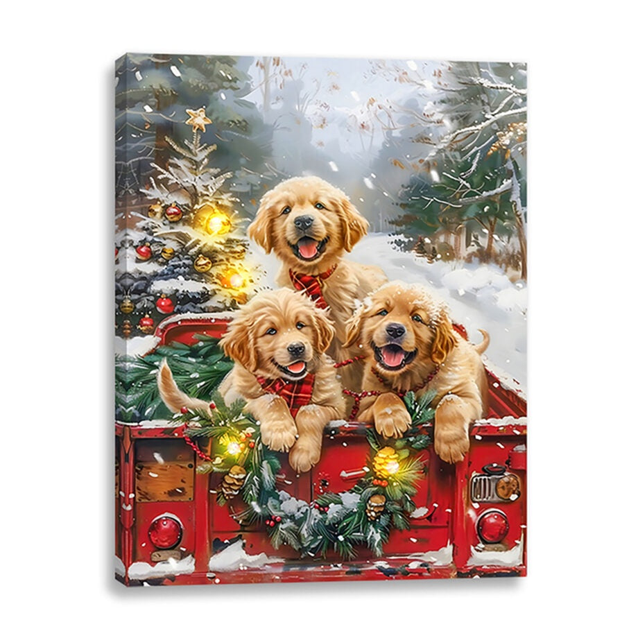 Puppies In The Truck Lit Canvas Picture