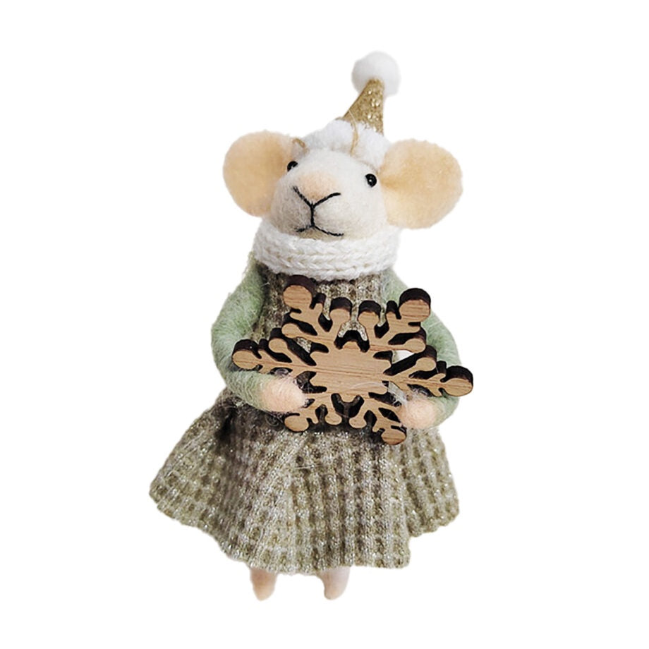 Felt Mouse Ornament In Green Gingham Skirt