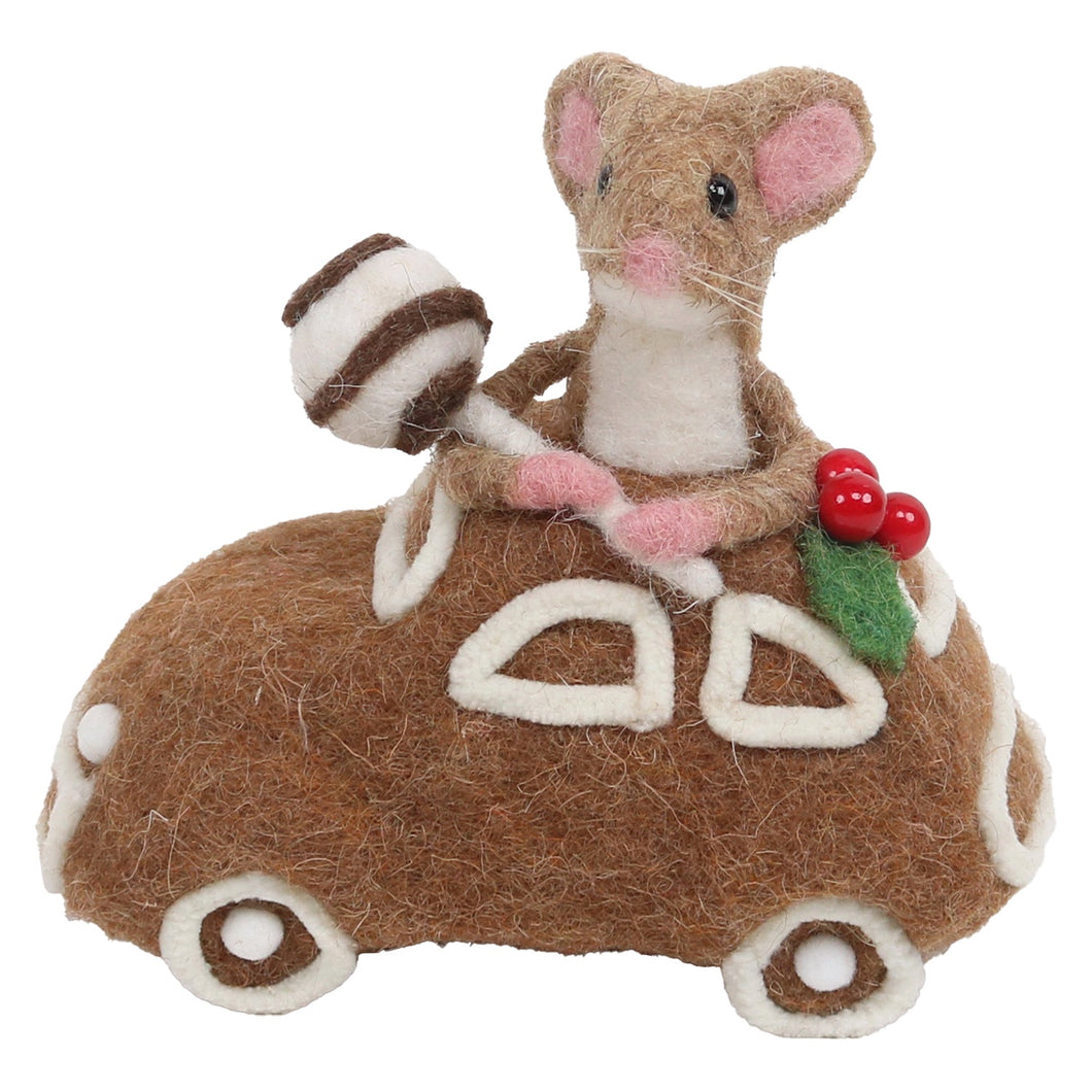 Felt Mouse In A Gingerbread Car