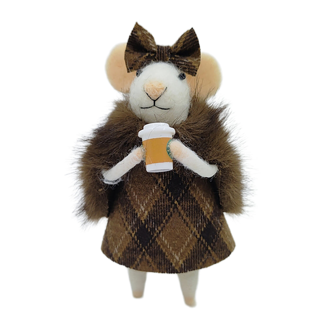Hazel Plaid Felt Coffee Mouse Ornament