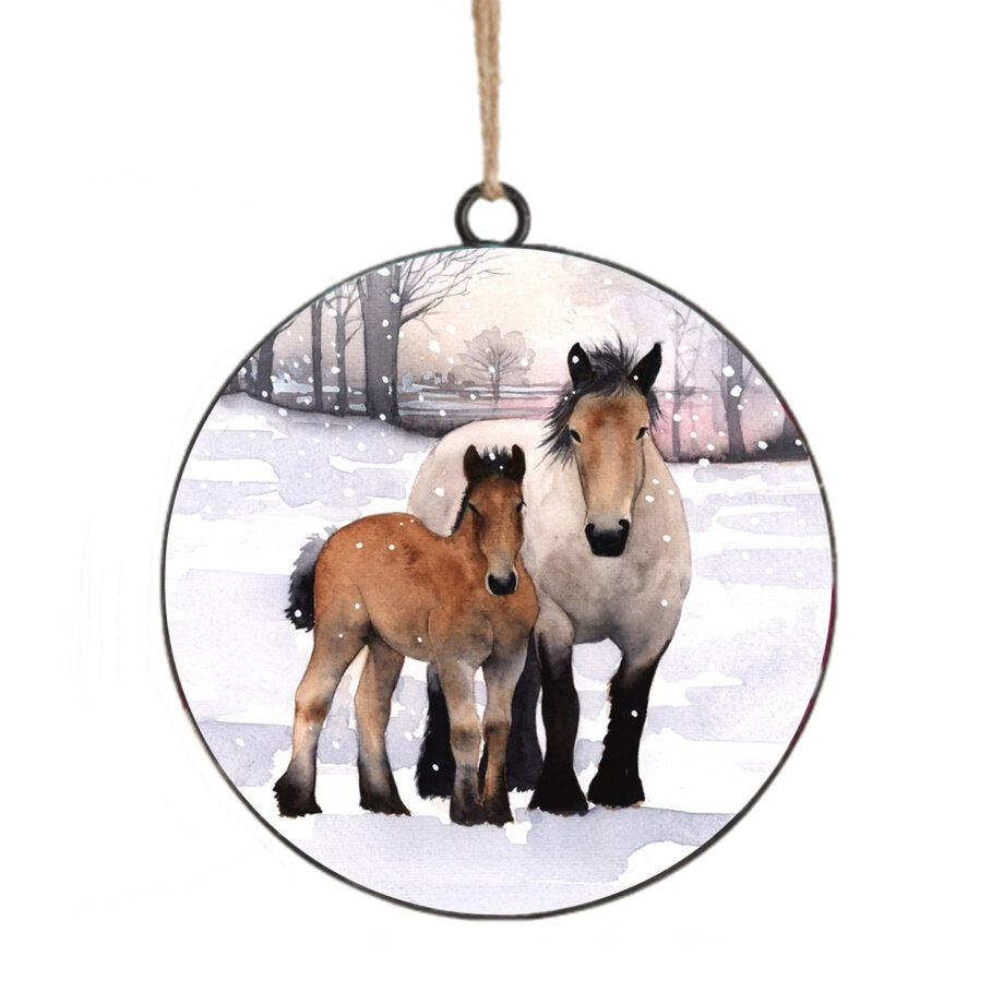 Horses In Winter Metal Disc Ornament