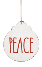 Load image into Gallery viewer, White Metal Ornament w Red Text
