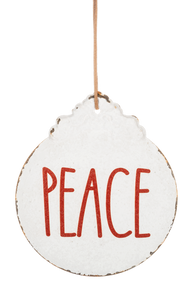 White Metal Ornament w Red Text