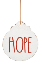 Load image into Gallery viewer, White Metal Ornament w Red Text
