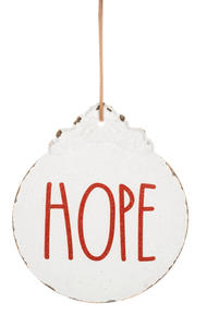 White Metal Ornament w Red Text