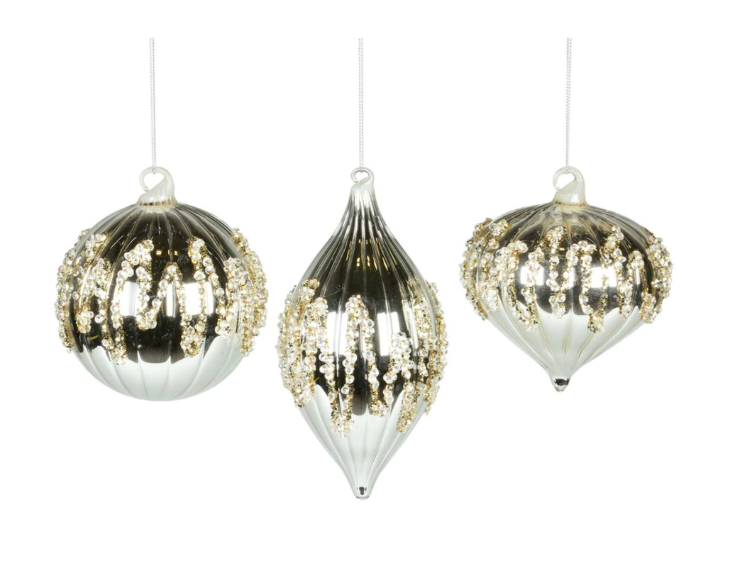 Silver Beaded Glass Ball Ornament