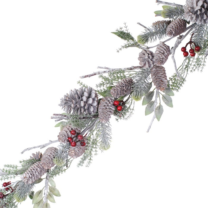 Frosted Pine Garland w Pinecones & Berries
