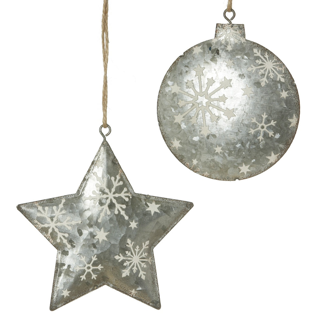 Galvanized Star or Ball Ornament w snowflake design