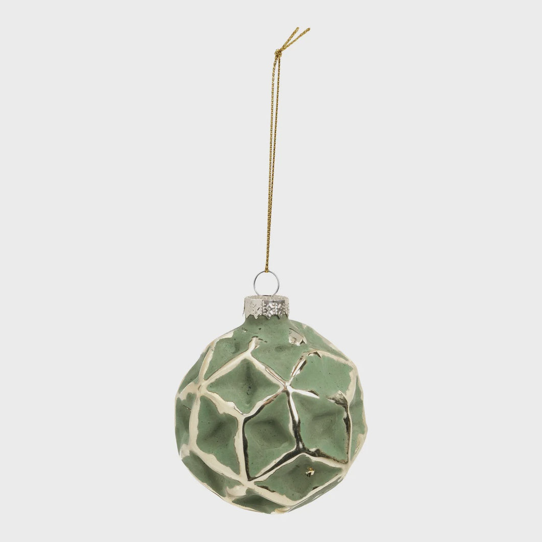 Green & Gold Etched Glass Ball Ornament