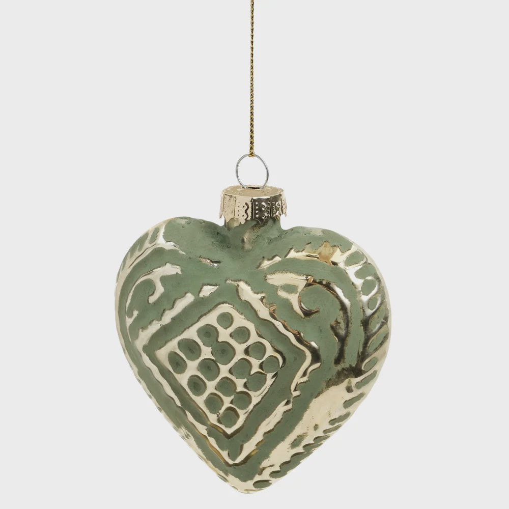 Green & Gold Etched Glass Heart Ornament