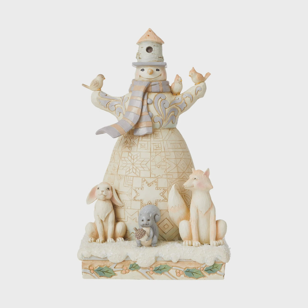 Jim Shore White Woodland Snowman w Birdhouse Hat