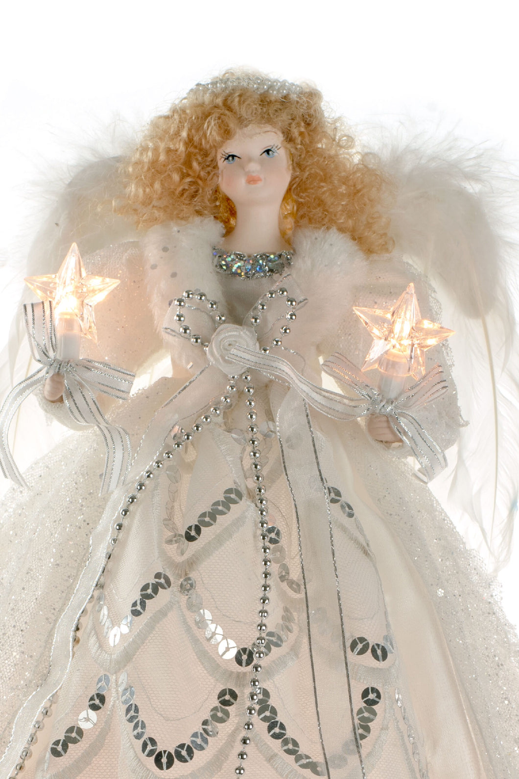 14” White/Silver Fabric Lit Angel Tree topper