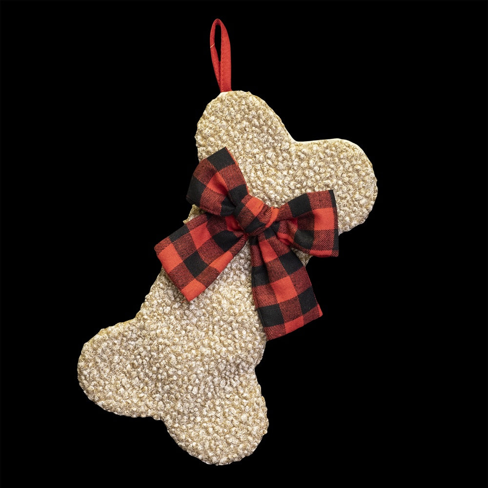 Dog Bone Stocking w Buffalo Plaid Bow