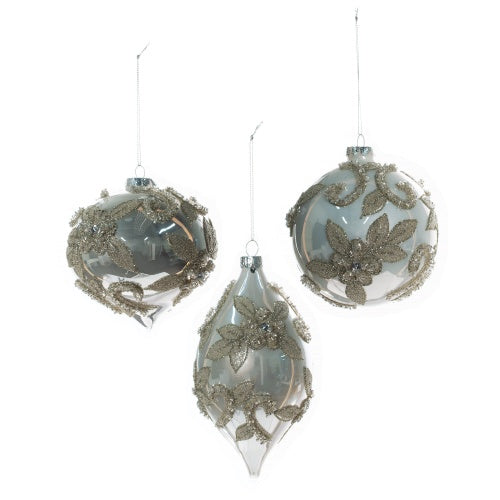 White Glass Ball Ornament w/Heavy Beading