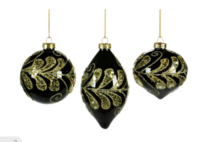 Black Ball Ornament w Gold Glitter Design