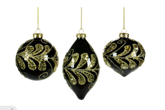 Black Ball Ornament w Gold Glitter Design
