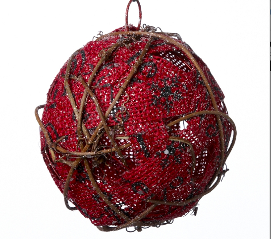 Red Scripted Burlap Ball Ornaments