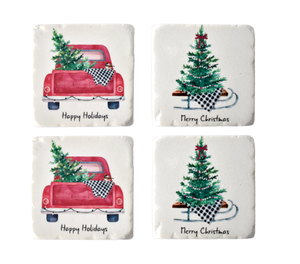 Tree & Truck with Holiday Text Coaster (4 pc. set)
