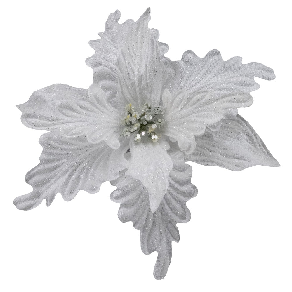 White Poinsettia Pick w Silver Center