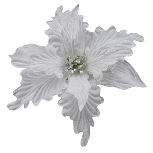 White Poinsettia Pick w Silver Center