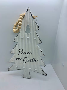 Peace on Earth White Metal Tree Sign