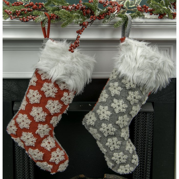 Fuzzy Snowflake Stocking (Red or Grey)