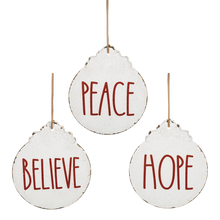 Load image into Gallery viewer, White Metal Ornament w Red Text
