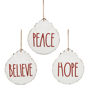 White Metal Ornament w Red Text