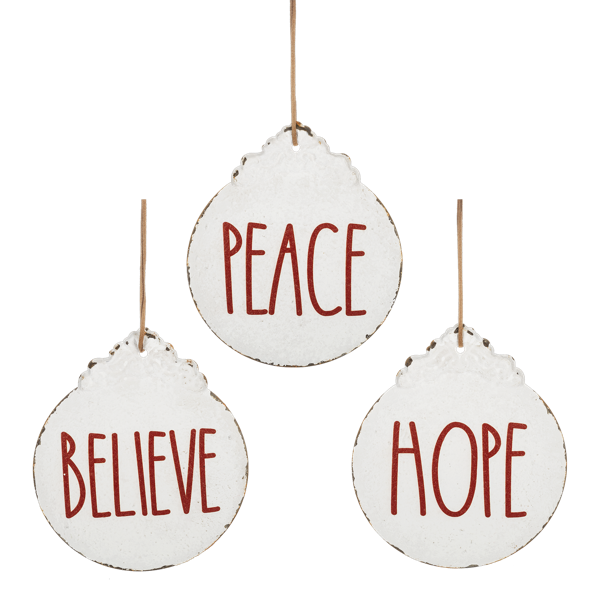 White Metal Ornament w Red Text