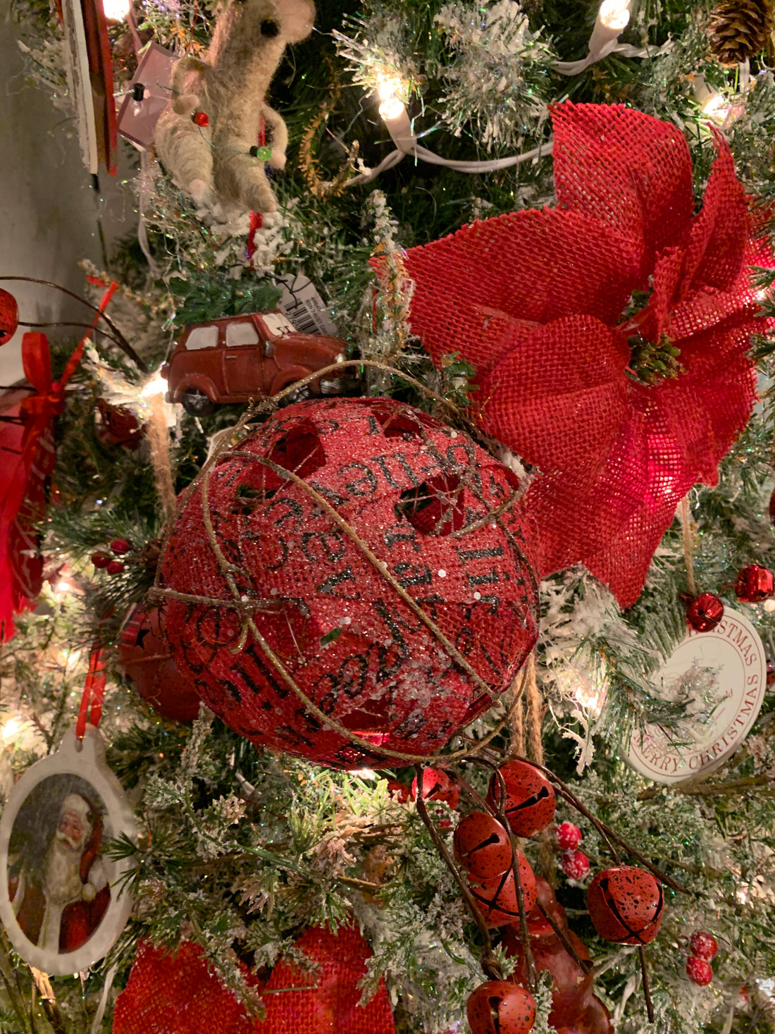 Red Scripted Burlap Ball Ornaments